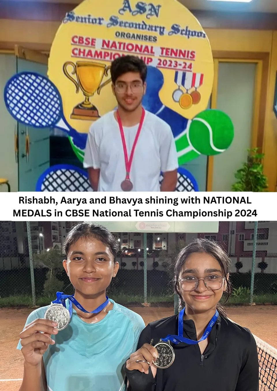 Rishabh, Aarya and Bhavya with national medals from the CBSE National Tennis Championship 2024