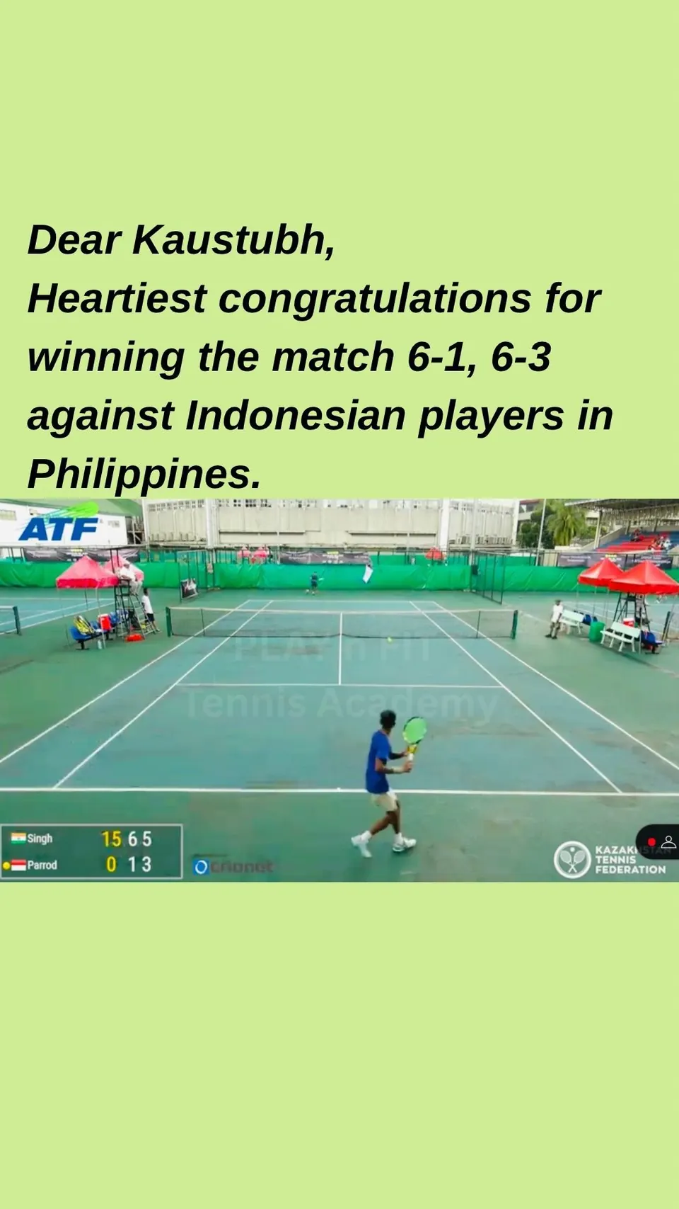 Academy graphic congratulating Kaustubh on a match win in the Philippines