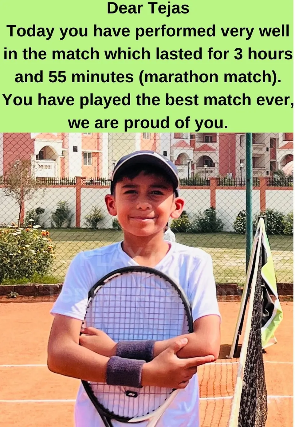 Young player Tejas with his racquet, celebrated by the academy for a marathon match