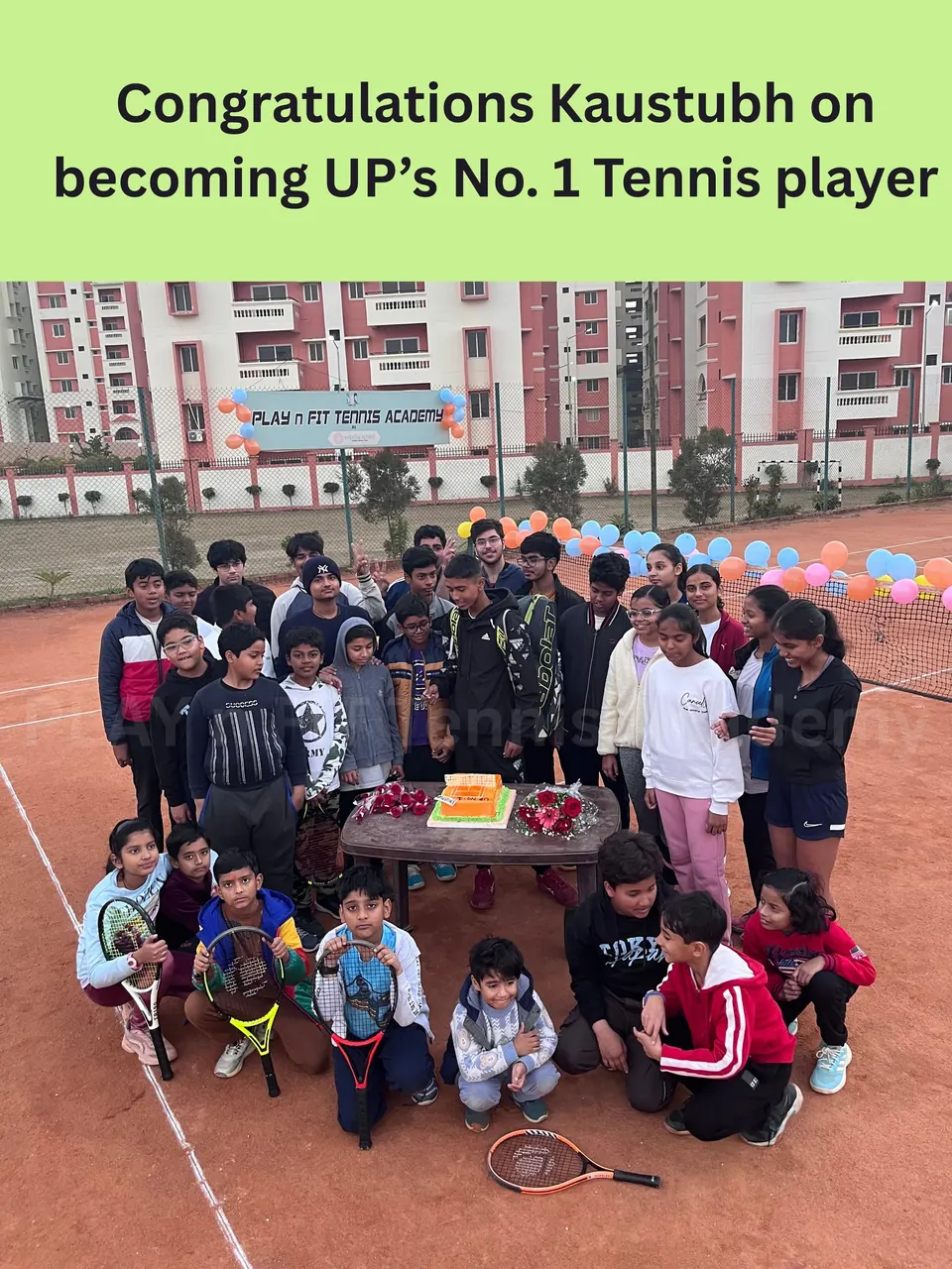 Academy celebration congratulating Kaustubh on becoming Uttar Pradesh's No. 1 tennis player